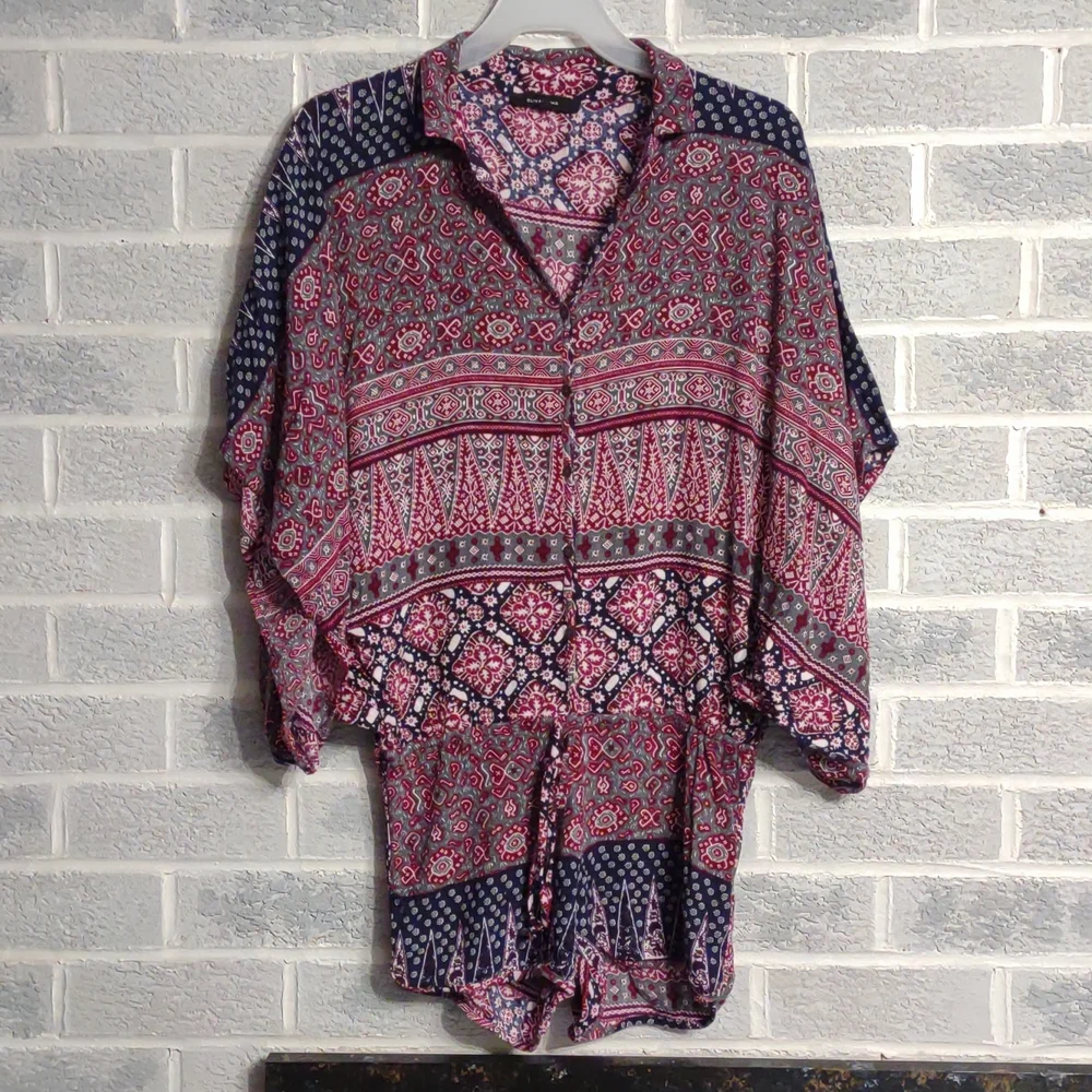Olivaceous Women's Pink, Blue Tribal Patterned Romper Size Medium